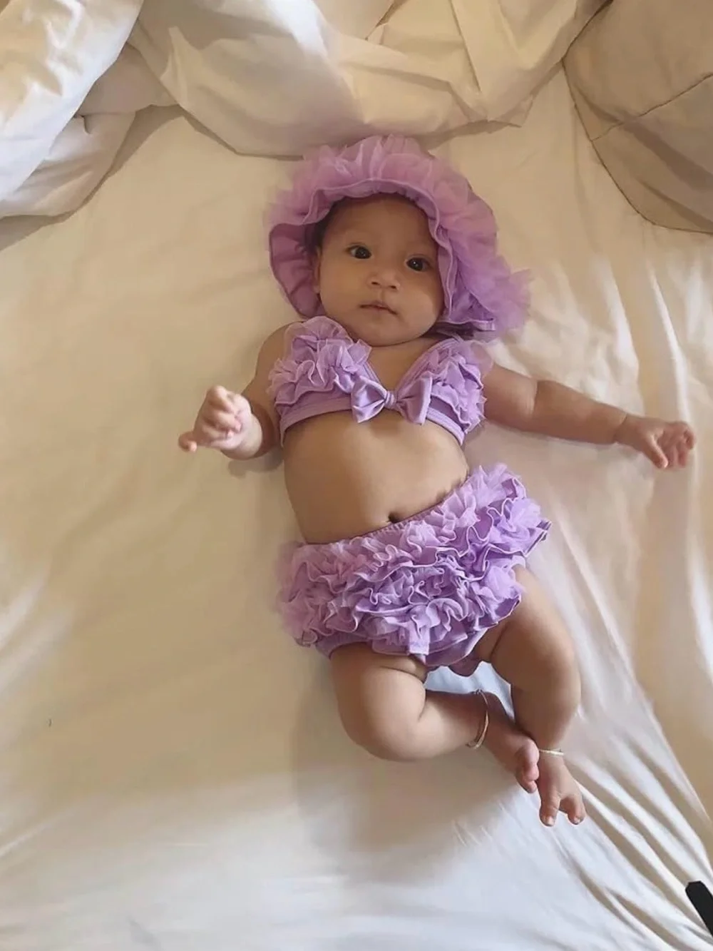 Kids Lavender Ruffle Bikini Set with Swim Cap